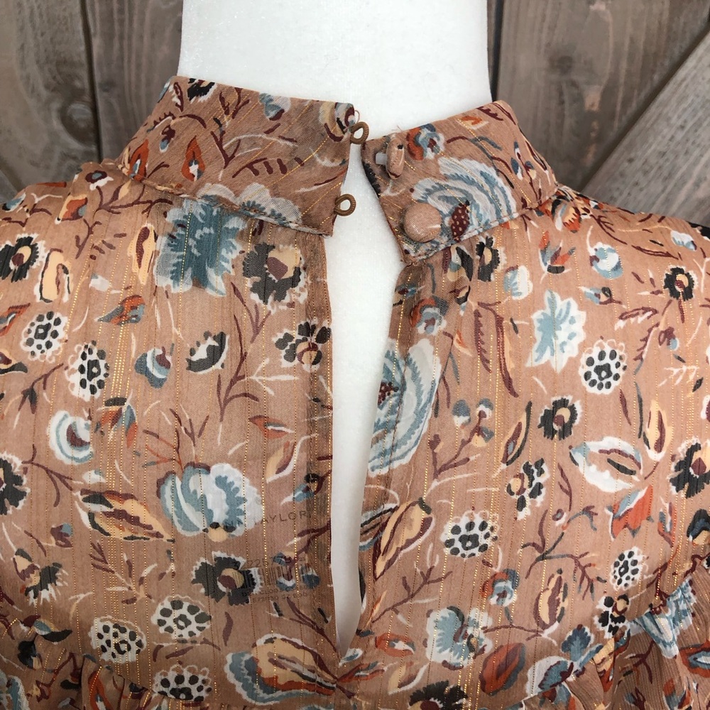 Floral Ruffle High-Neck Blouse - Brown - Picture 2 of 3